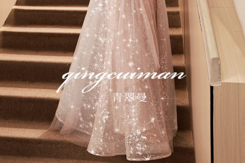 Sequin Panel Embroidered 3/4-Sleeve Evening Mesh Sweetheart Neckline Gown A-Line