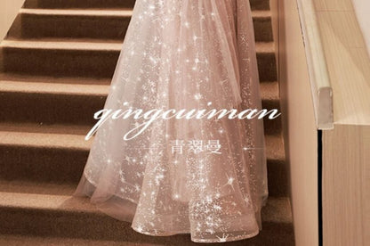 Sequin Panel Embroidered 3/4-Sleeve Evening Mesh Sweetheart Neckline Gown A-Line