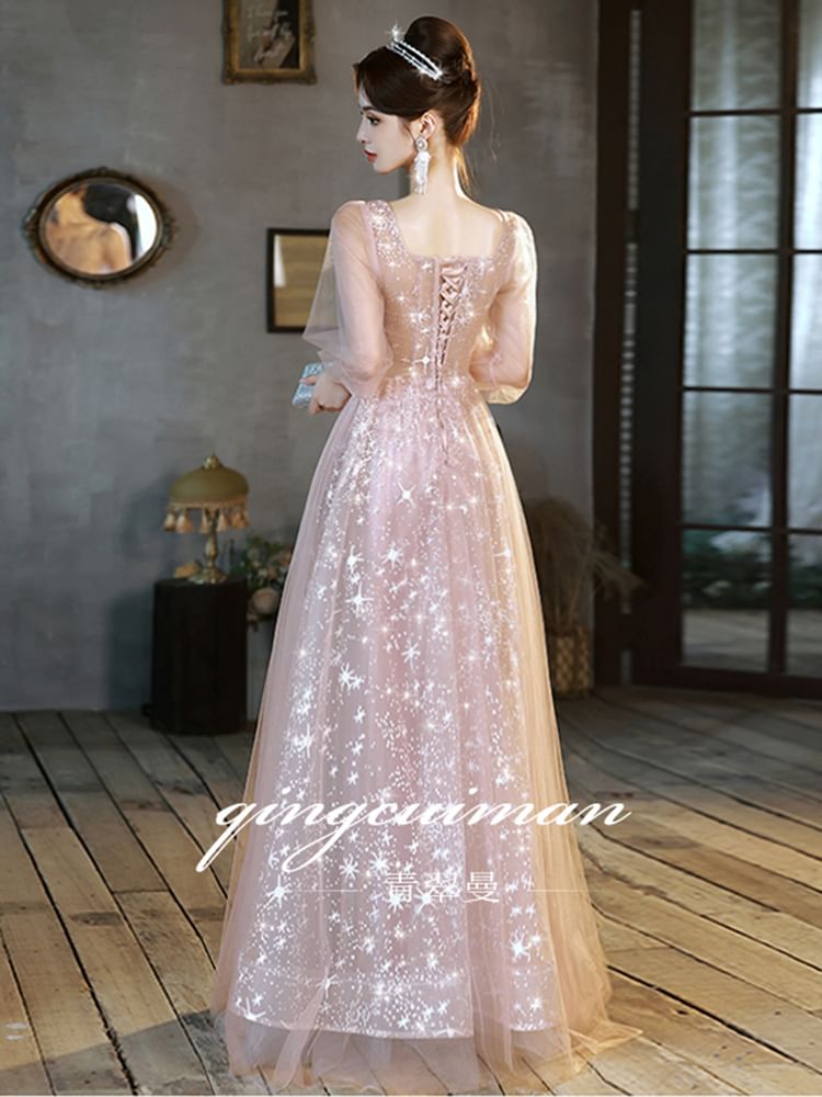 Sequin Panel Embroidered 3/4-Sleeve Evening Mesh Sweetheart Neckline Gown A-Line