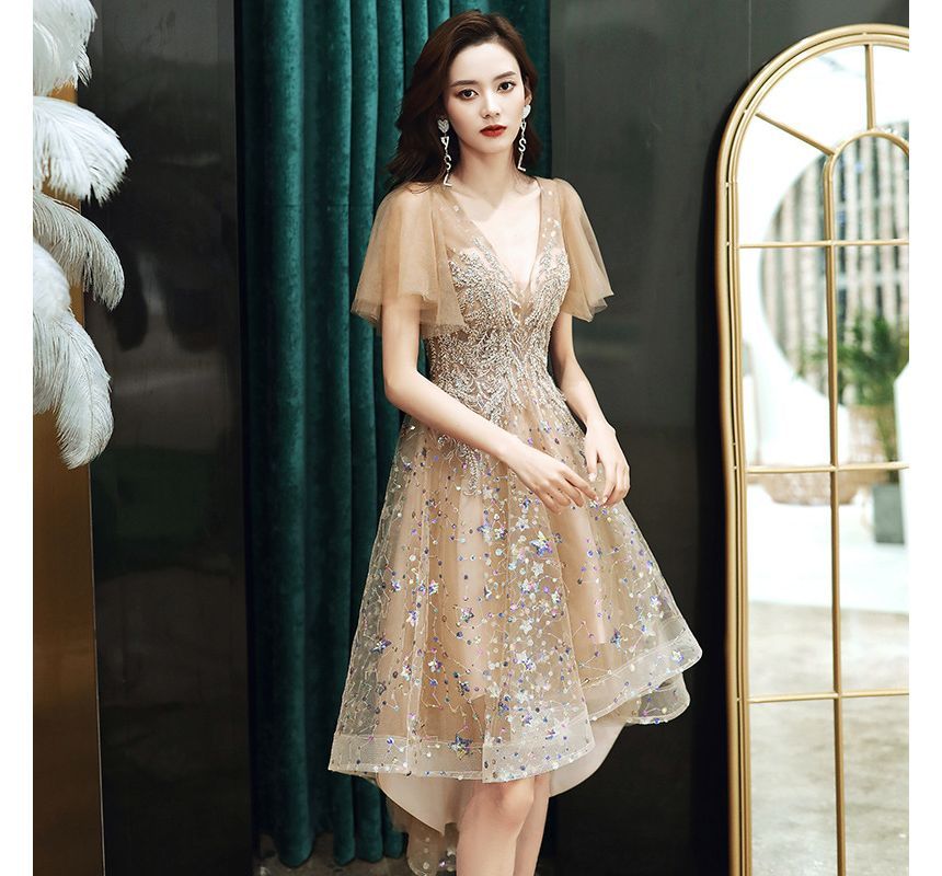 Short-Sleeve V-Neck Sequined A-Line Cocktail Dress (Various Designs)