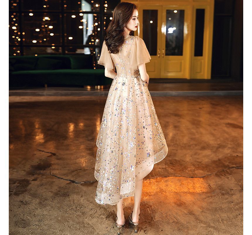 Short-Sleeve V-Neck Sequined A-Line Cocktail Dress (Various Designs)