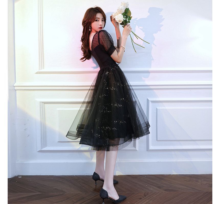 Puff-Sleeve Square-Neck Sequined A-Line Cocktail Dress (Various Designs)