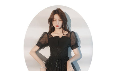 Puff-Sleeve Square-Neck Sequined A-Line Cocktail Dress (Various Designs)