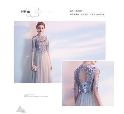 Short-Sleeve Floral Applique A-Line Lace Evening Gown