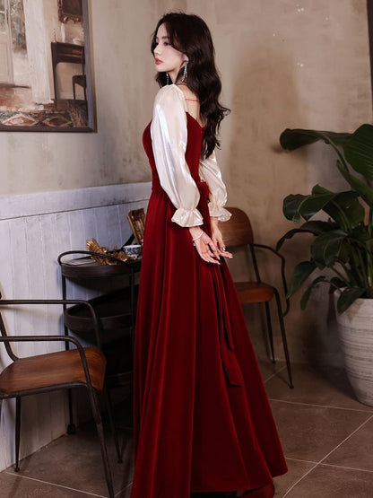 Puff-Sleeve Sweetheart-Neckline Two Tone A-Line Velvet Evening Gown (Various Designs)