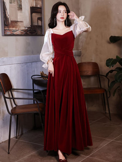 Puff-Sleeve Sweetheart-Neckline Two Tone A-Line Velvet Evening Gown (Various Designs)