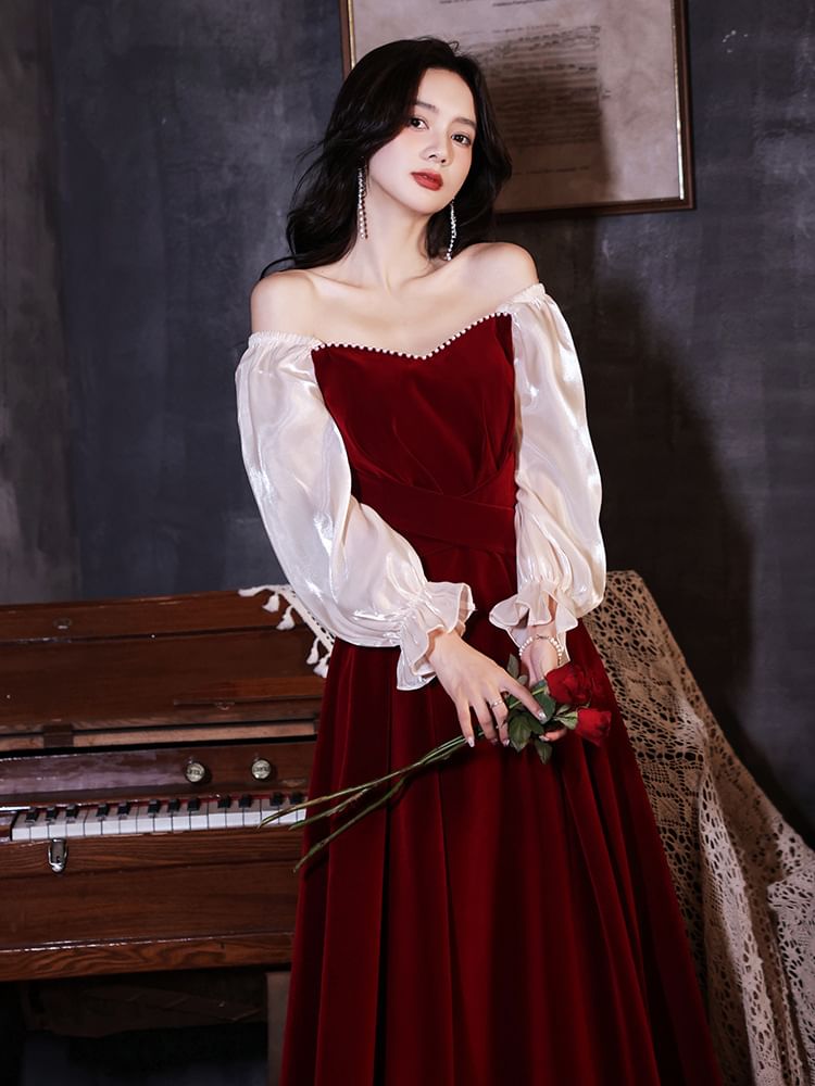 Puff-Sleeve Sweetheart-Neckline Two Tone A-Line Velvet Evening Gown (Various Designs)