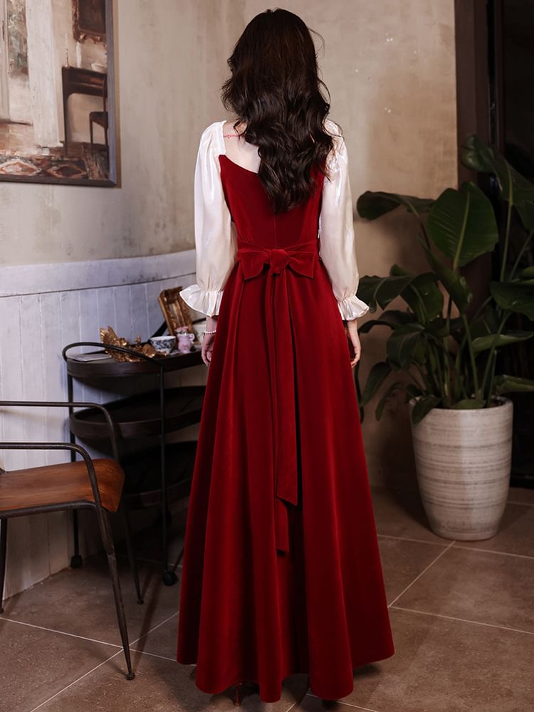 Puff-Sleeve Sweetheart-Neckline Two Tone A-Line Velvet Evening Gown (Various Designs)