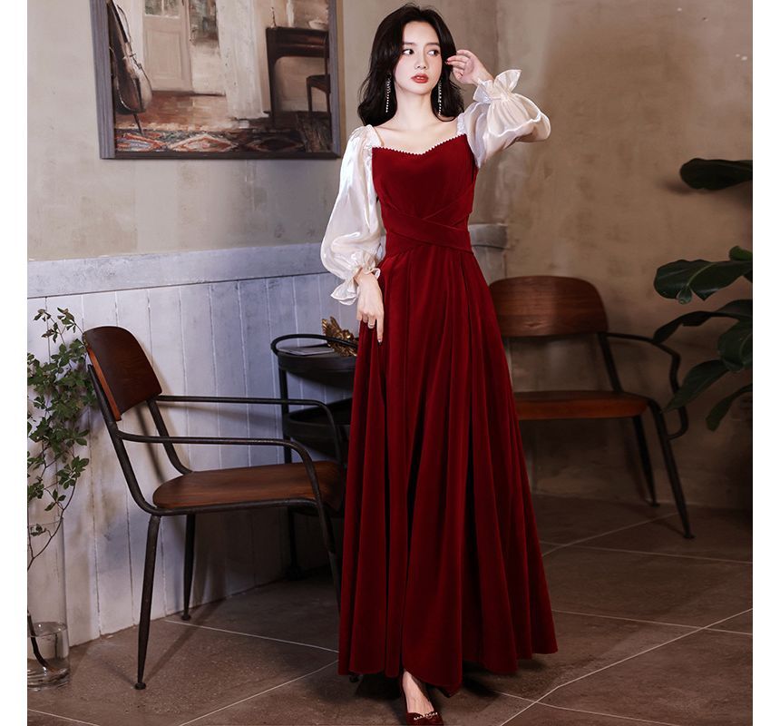 Puff-Sleeve Sweetheart-Neckline Two Tone A-Line Velvet Evening Gown (Various Designs)