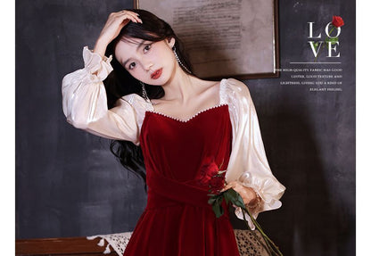 Puff-Sleeve Sweetheart-Neckline Two Tone A-Line Velvet Evening Gown (Various Designs)