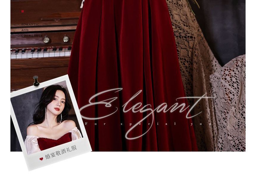 Puff-Sleeve Sweetheart-Neckline Two Tone A-Line Velvet Evening Gown (Various Designs)