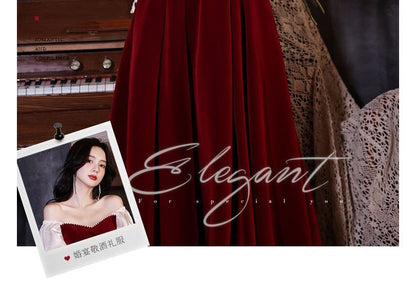 Puff-Sleeve Sweetheart-Neckline Two Tone A-Line Velvet Evening Gown (Various Designs)