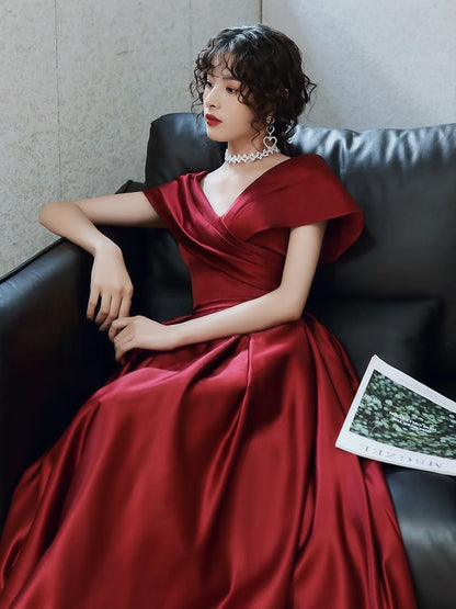 Short-Sleeve V-Neck Plain A-Line Evening Gown