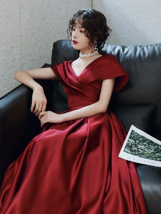 Short-Sleeve V-Neck Plain A-Line Evening Gown