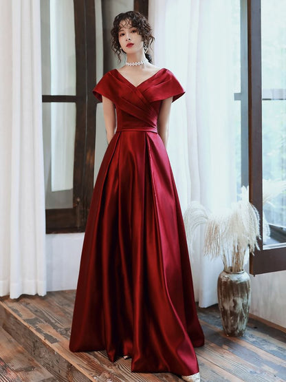 Short-Sleeve V-Neck Plain A-Line Evening Gown