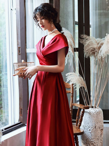 Short-Sleeve V-Neck Plain A-Line Evening Gown