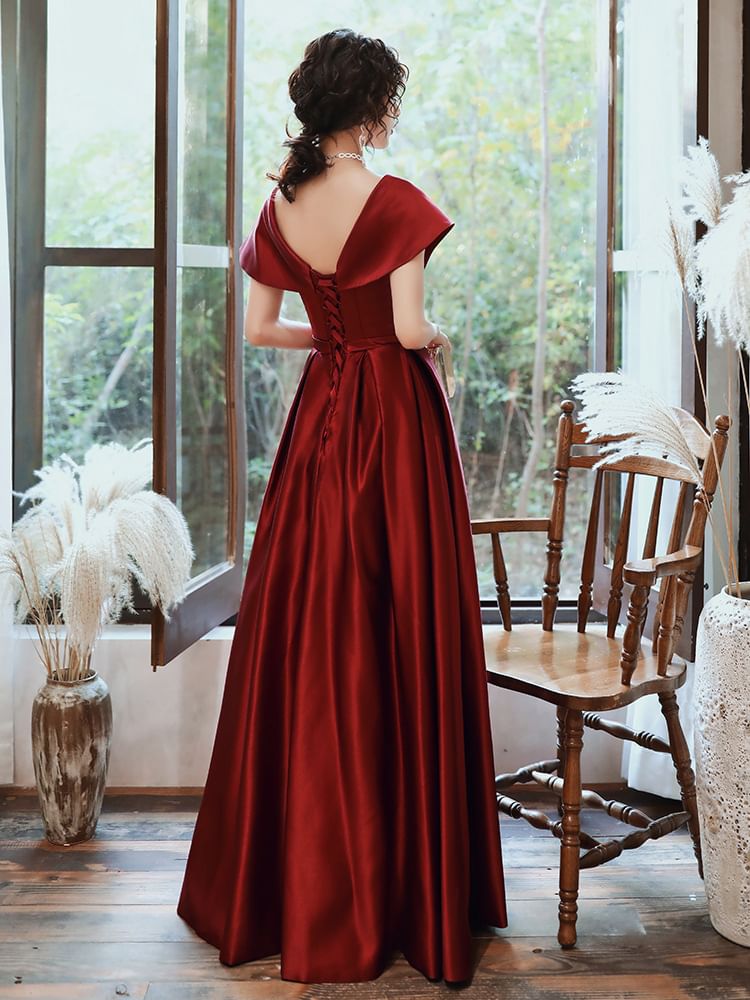 Short-Sleeve V-Neck Plain A-Line Evening Gown