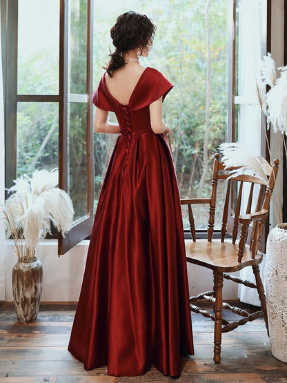 Short-Sleeve V-Neck Plain A-Line Evening Gown