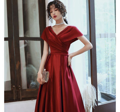 Short-Sleeve V-Neck Plain A-Line Evening Gown