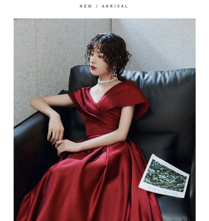 Short-Sleeve V-Neck Plain A-Line Evening Gown