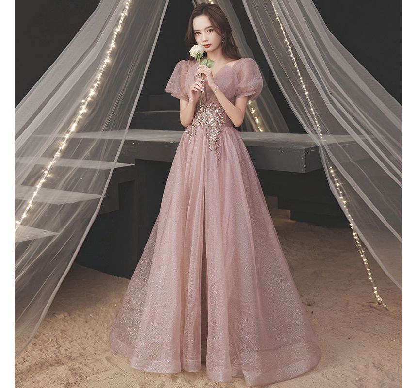 Puff-Sleeve V-Neck Sequined Floral A-Line Evening Gown