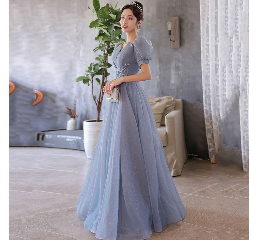 Puff-Sleeve V-Neck Sequined Floral A-Line Evening Gown