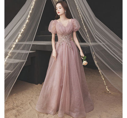 Puff-Sleeve V-Neck Sequined Floral A-Line Evening Gown