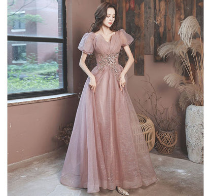 Puff-Sleeve V-Neck Sequined Floral A-Line Evening Gown