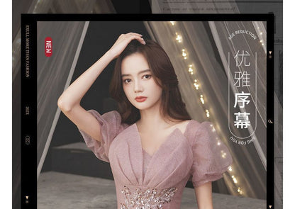 Puff-Sleeve V-Neck Sequined Floral A-Line Evening Gown