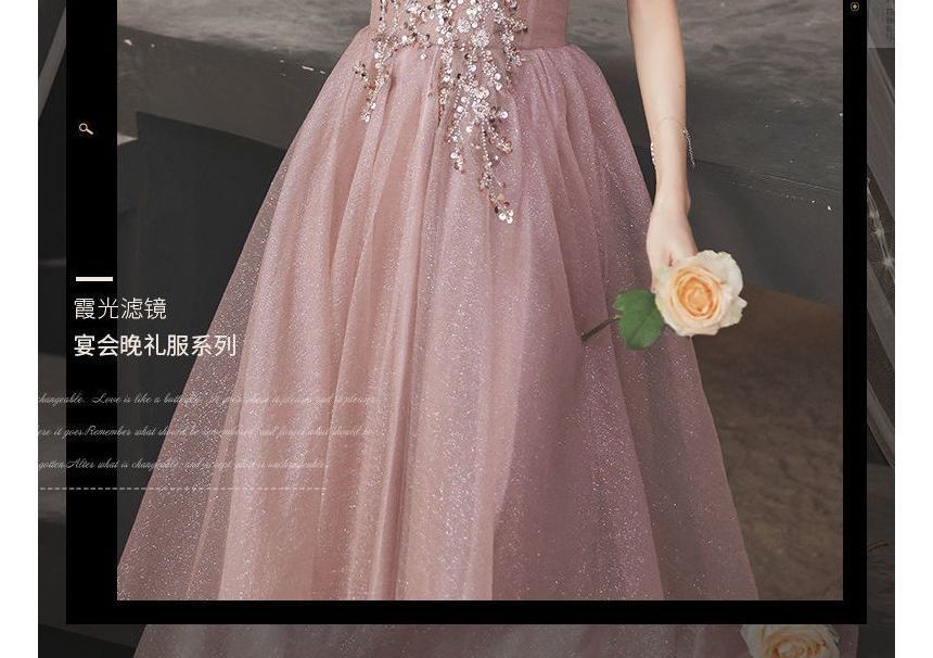 Puff-Sleeve V-Neck Sequined Floral A-Line Evening Gown