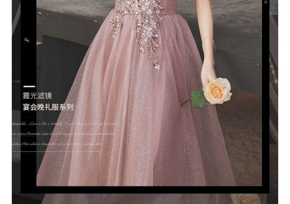 Puff-Sleeve V-Neck Sequined Floral A-Line Evening Gown