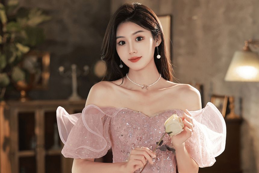 Off-Shoulder Sequined Ruffled A-Line Layered Evening Gown