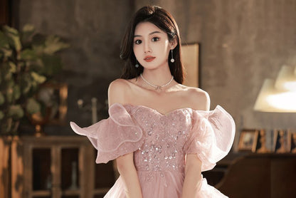 Off-Shoulder Sequined Ruffled A-Line Layered Evening Gown