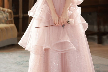 Off-Shoulder Sequined Ruffled A-Line Layered Evening Gown