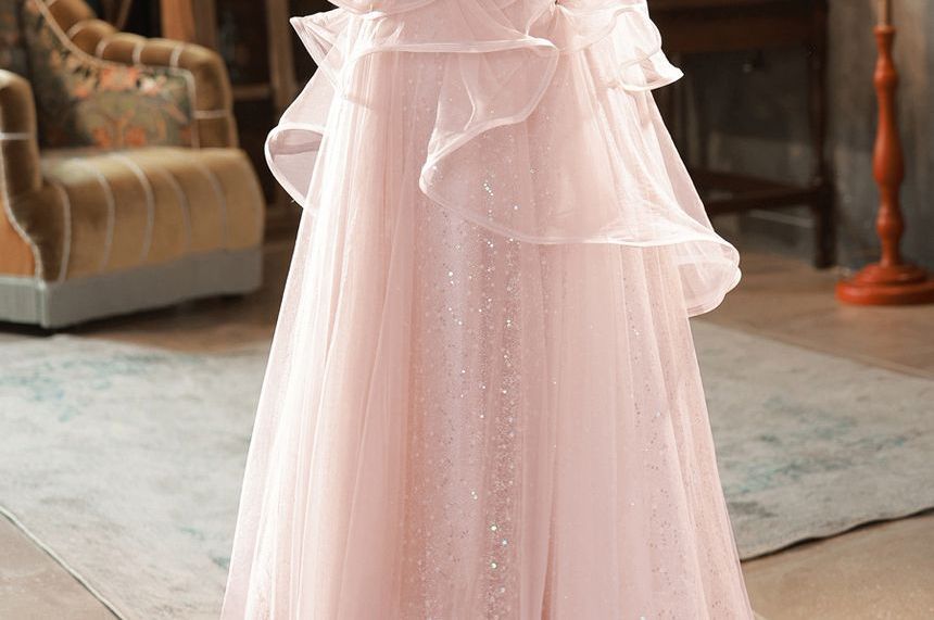 Off-Shoulder Sequined Ruffled A-Line Layered Evening Gown
