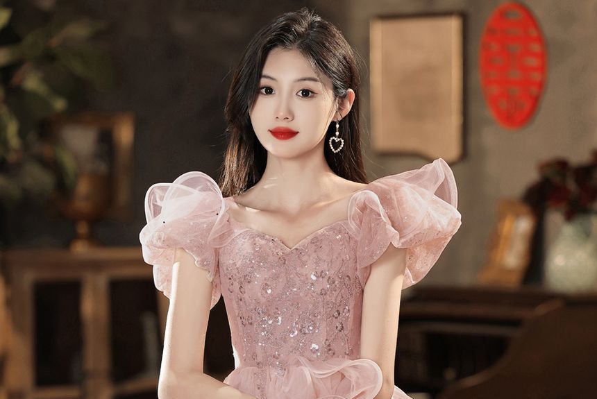 Off-Shoulder Sequined Ruffled A-Line Layered Evening Gown