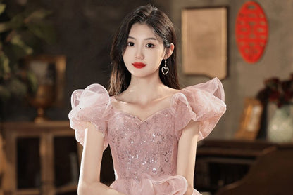 Off-Shoulder Sequined Ruffled A-Line Layered Evening Gown