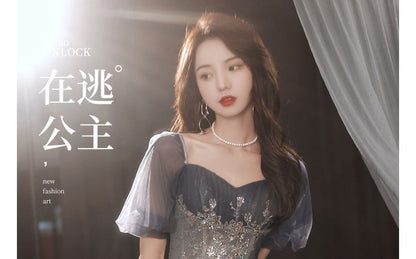 Puff-Sleeve Sweetheart-Neckline Floral Embroidered A-Line Evening Gown