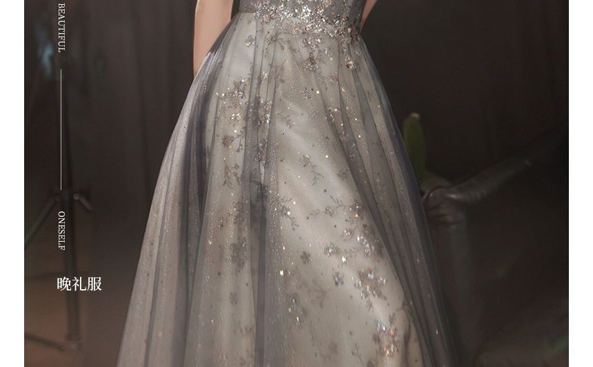 Puff-Sleeve Sweetheart-Neckline Floral Embroidered A-Line Evening Gown