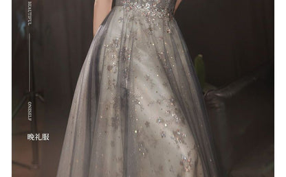 Puff-Sleeve Sweetheart-Neckline Floral Embroidered A-Line Evening Gown