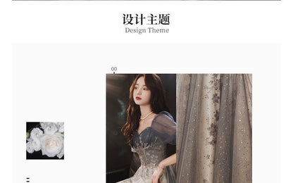 Puff-Sleeve Sweetheart-Neckline Floral Embroidered A-Line Evening Gown