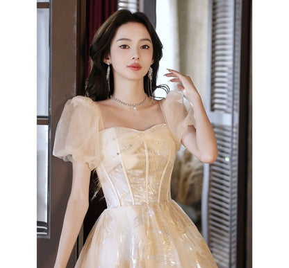 Puff-Sleeve Sweetheart-Neckline Floral Print A-Line Evening Gown