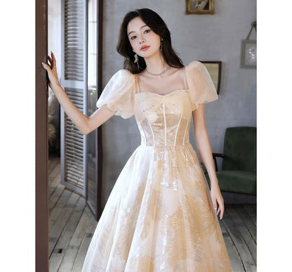 Puff-Sleeve Sweetheart-Neckline Floral Print A-Line Evening Gown