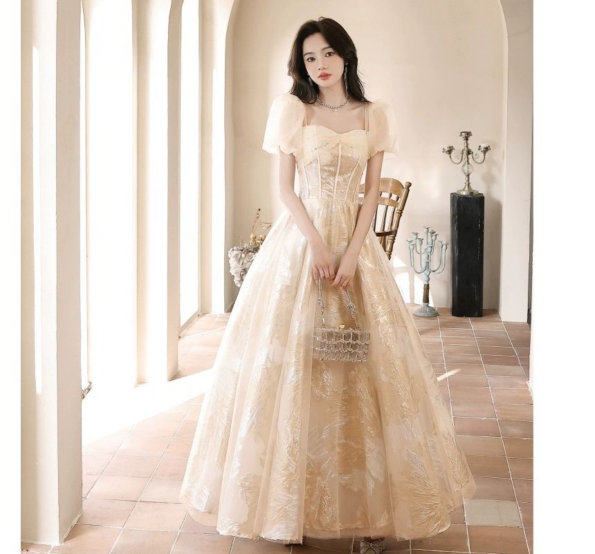 Puff-Sleeve Sweetheart-Neckline Floral Print A-Line Evening Gown