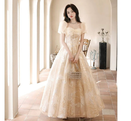 Puff-Sleeve Sweetheart-Neckline Floral Print A-Line Evening Gown