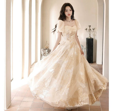 Puff-Sleeve Sweetheart-Neckline Floral Print A-Line Evening Gown