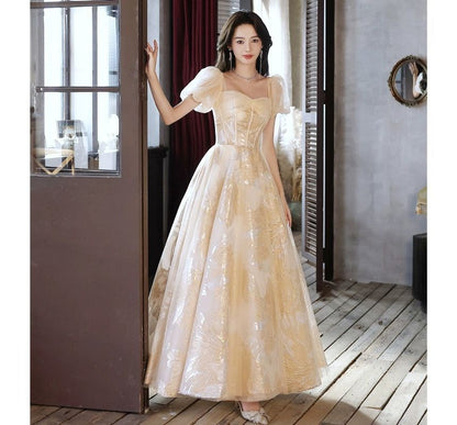 Puff-Sleeve Sweetheart-Neckline Floral Print A-Line Evening Gown