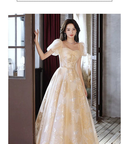 Puff-Sleeve Sweetheart-Neckline Floral Print A-Line Evening Gown