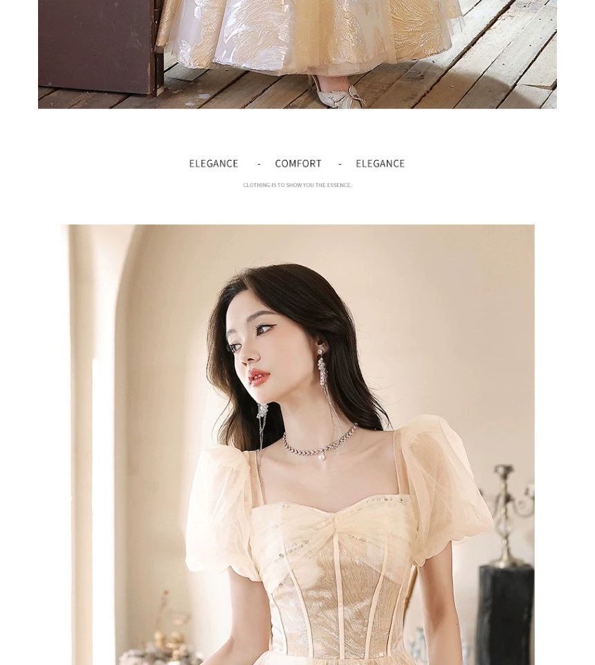 Puff-Sleeve Sweetheart-Neckline Floral Print A-Line Evening Gown