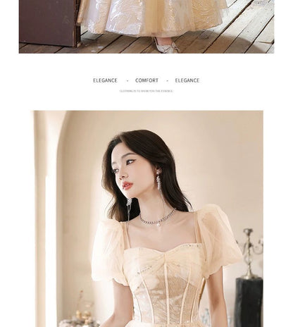 Puff-Sleeve Sweetheart-Neckline Floral Print A-Line Evening Gown